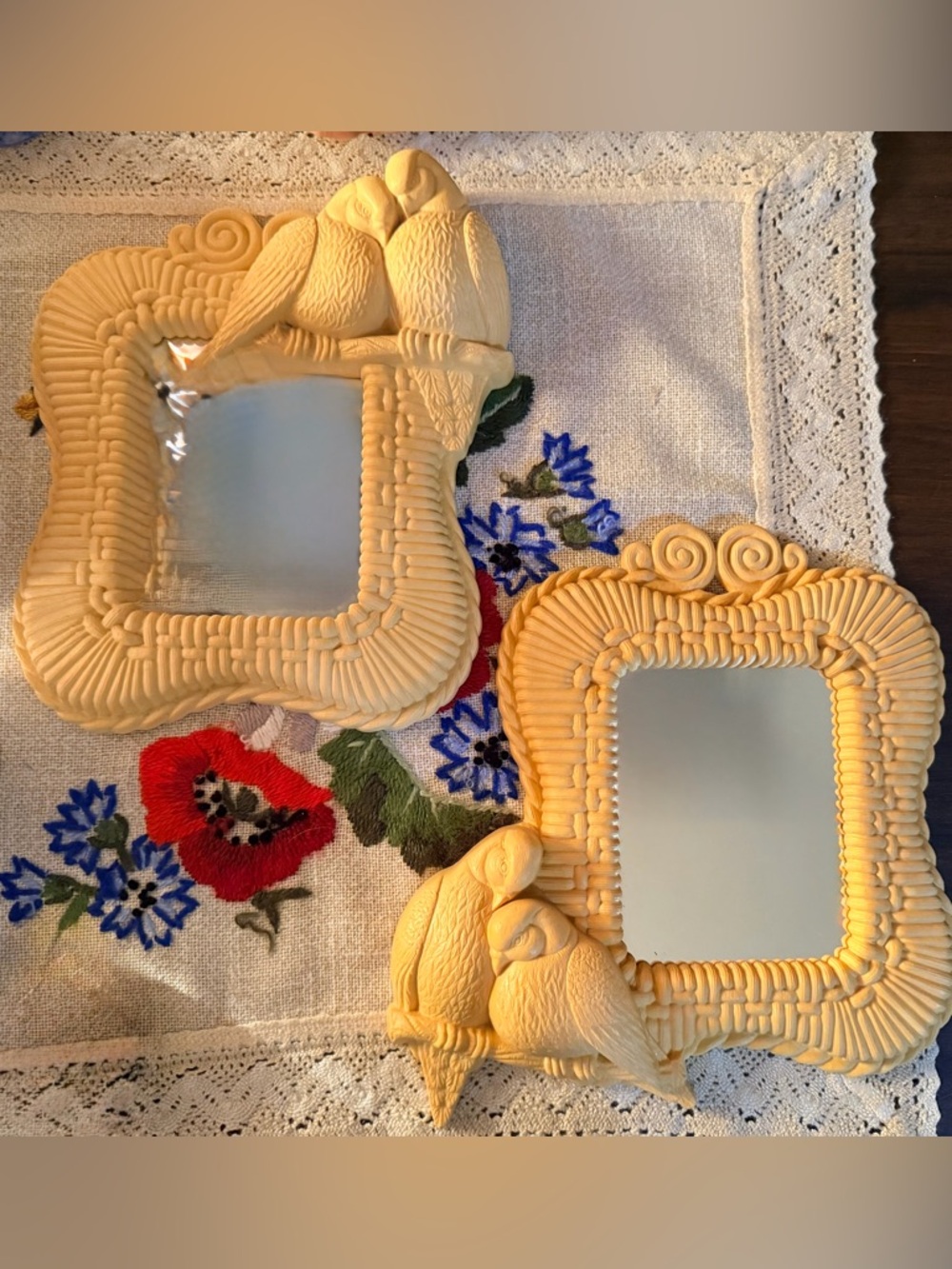 Vintage 1989 Homco Wall Mirrors x2 Doves Birds Faux Wicker Plastic Border